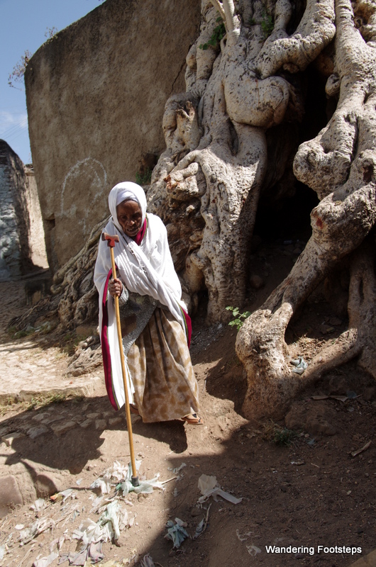 An old Harari women, as wrinkly as the walls behind.
