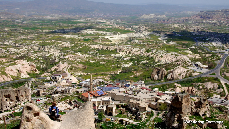 Birds' eye view of Cappadocia from the top of Uçhisar Castle.