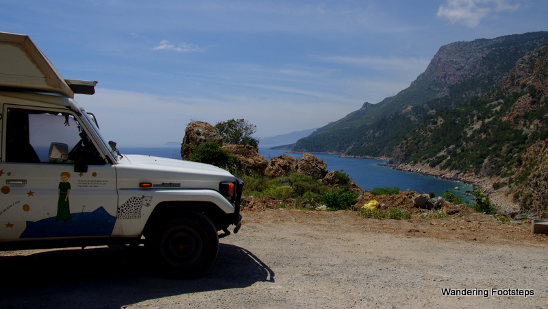 Parked along the coastal highway to capture the spectacular Mediterranean view.