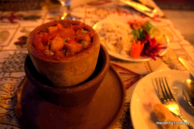 Stewed vegetables in a clay pot.