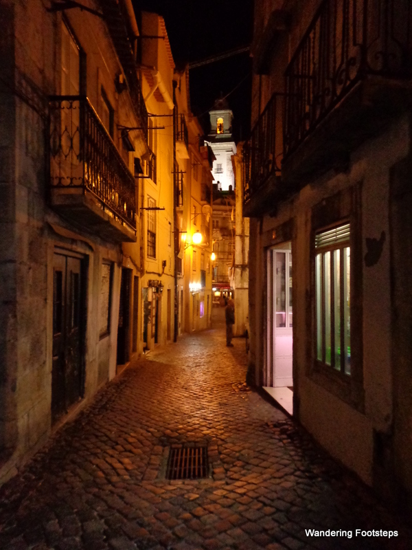 The Moorish alleys of Alfama after dark.