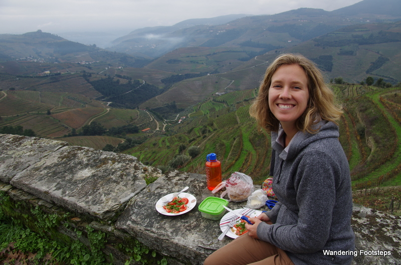 Having a picnic lunch at the top of the Douro River Valley before driving along the best road in the world.