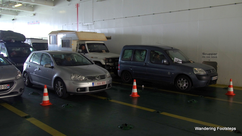 Parking our vehicle on the car deck of our ferry.