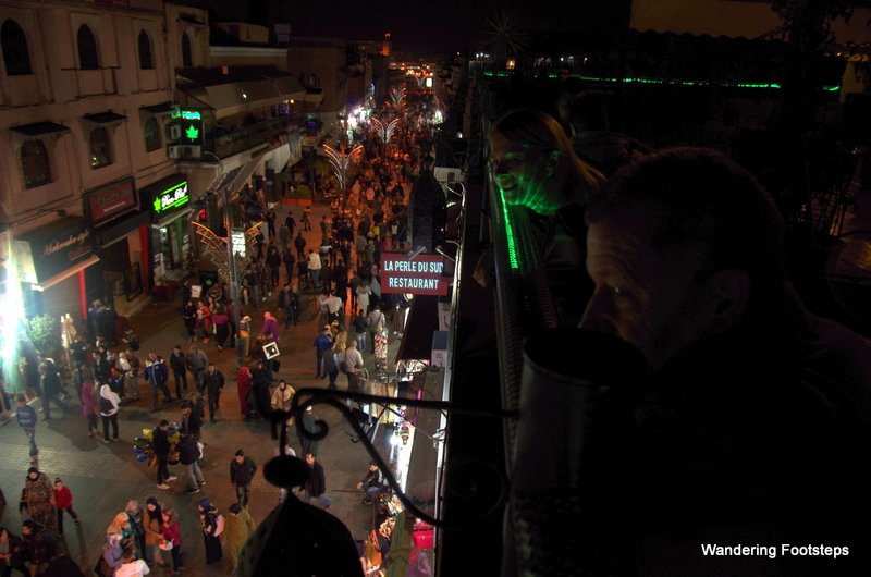 Looking down at a pedestrian street off the Djemaa from our rooftop restaurant.