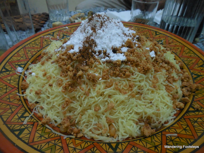 Sfaa, vermicelli noodles with powdered sugar and cinnamon.