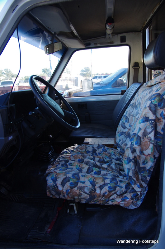 View of cab from driver's seat (with our lovely African-print seat cover!)