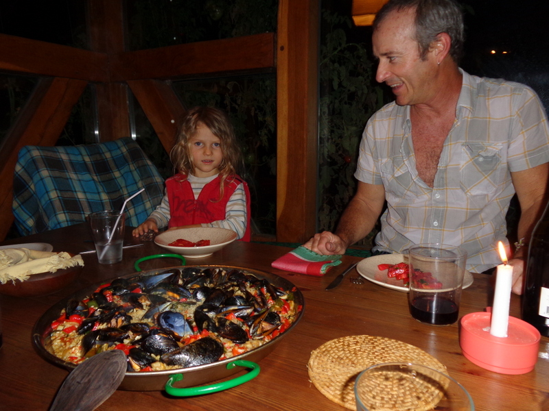 Sharing paella with Javi, Jasmine, and their son Emeric.