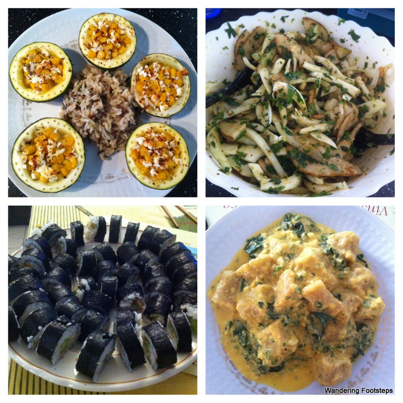 Some of the meals I cooked - stuffed squash with wild rice; fennel and pear salad; sushi; and plantain gnocchi.