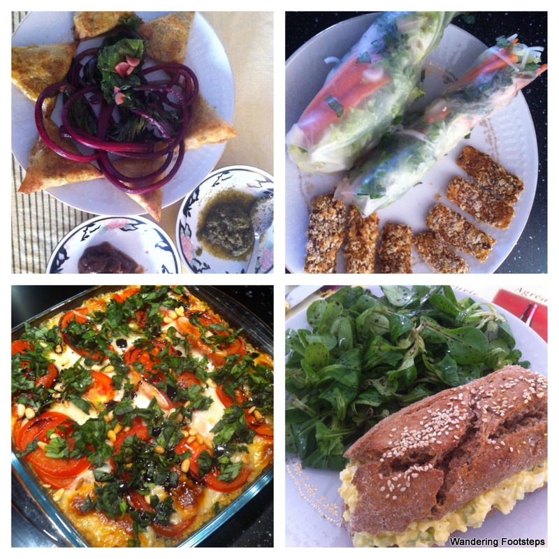 More meals - samosas and beet greens; spring rolls and breaded tofu; quinoa caprese bake; egg sandwich with homemade spelt bread.
