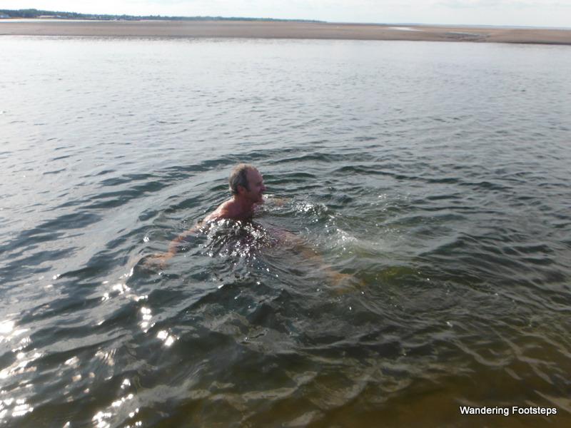 Bruno attempting to swim across the channel near our house as the third challenge given to those seeking Honorary Maritimer status.