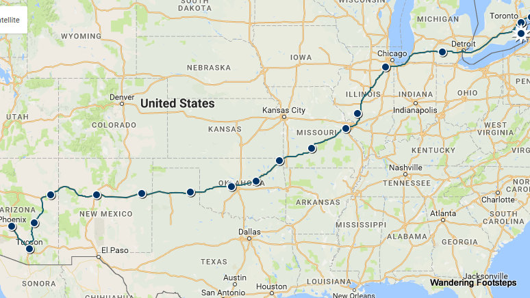 Our three weeks of overland travel started in Toronto and ended in Phoenix.  That's A LOT of kilometers!