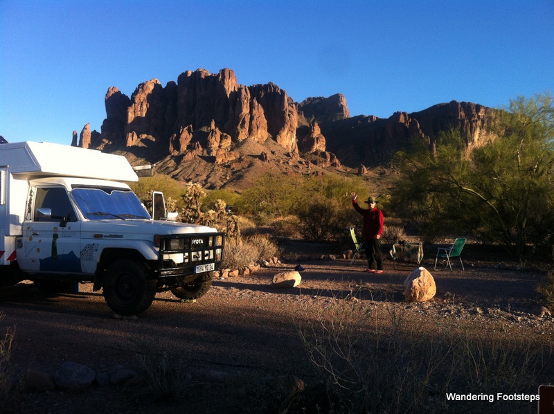 Lost Dutchman State Park Campsite, with the amazing Superstition Mountains in the backdrop.