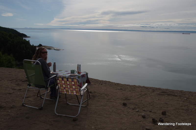 Enjoying breakfast over the St. Lawrence from our boondock near Tadoussac.