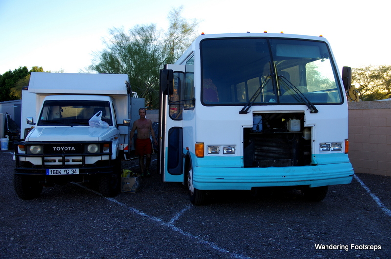 Our new Big Blue Bus next to our now-sold but much-beloved Totoyaya.