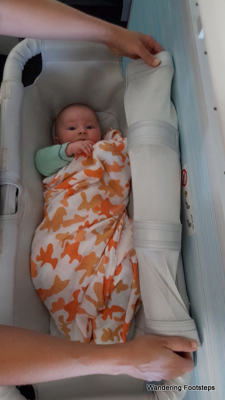 Putting Phoenix down for a nap in the plane's baby bassinet.